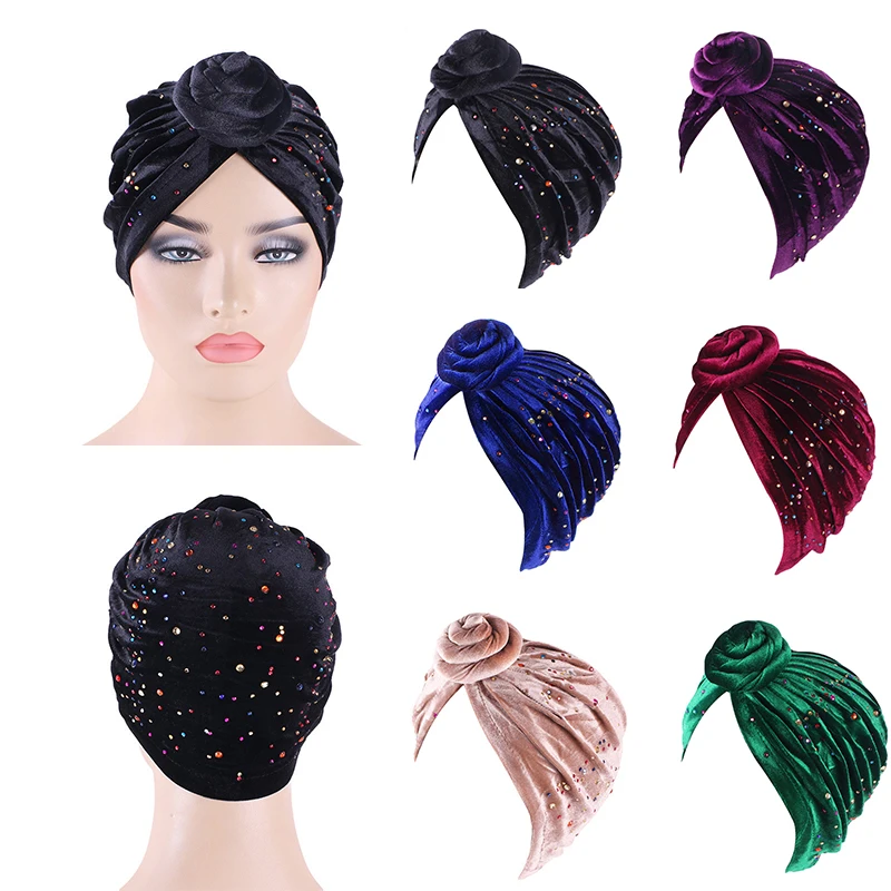 Женские бархатные разноцветные стразы мусульманская тюрбан шапка твист
