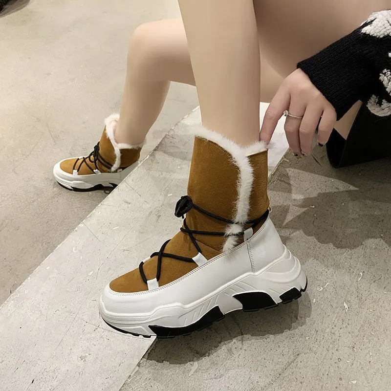 

Botas de nieve de felpa para mujer botines случайные капли кожи botines de plataforma suela gruesa con cordones para inviern