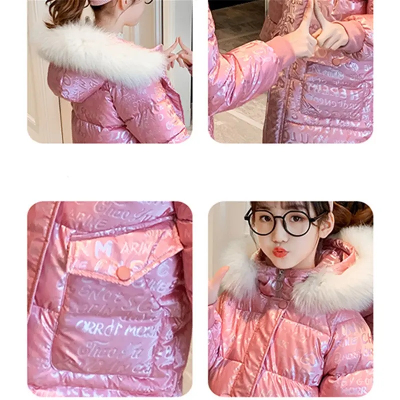 

Children's Warm Jacket Coats For Girls Letters Print Shiny Plus Velvet Long Style Winter Overcoat Teenager Parka Clothes 5-14Yrs