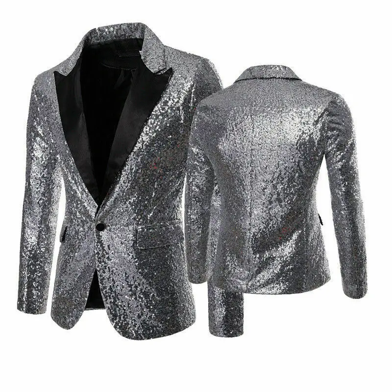 

Fashion Men Sequin One Button Blazer Suit Jacket Shiny Wedding Formal Dance Club Coat