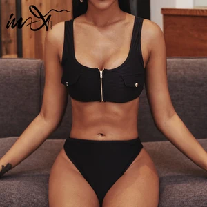 In-X Ретро бикини с высокой талией 2020 купальник на молнии женский купальный костюм ребристая купальная одежда женский купальный костюм бикини с высокой посадкой купальный костюм