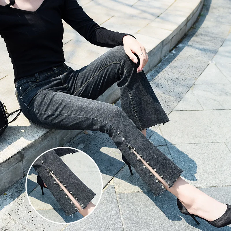 The new spring/summer 2019 flared jeans for women in South Korea show a slim waist with slit and beaded frills | Женская одежда