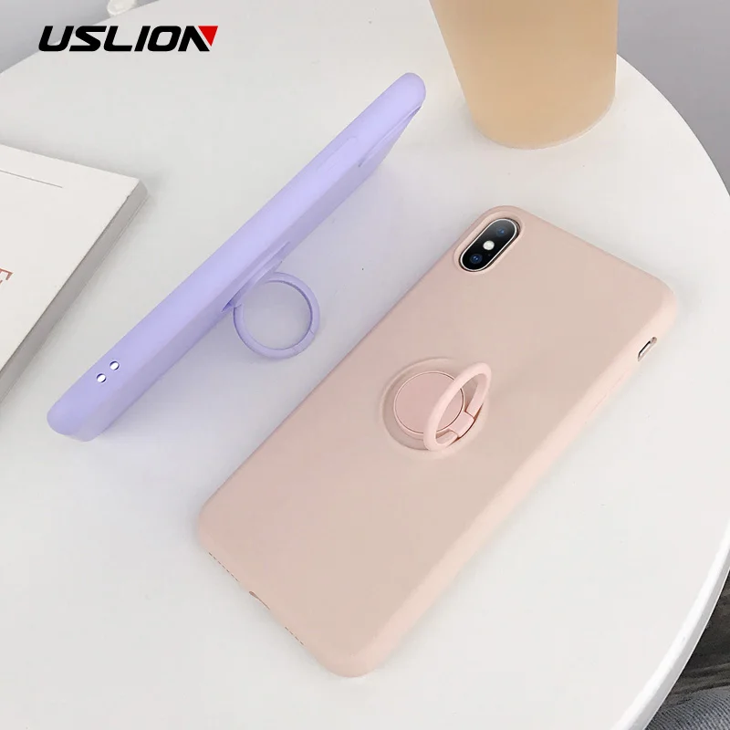USLION силиконовый сплошной цвет с кольцом для пальцев чехол для iPhone X XS XR Xs Max 6 6S 7 8 Plus Мягкий ТПУ, конфетный цвет задняя крышка