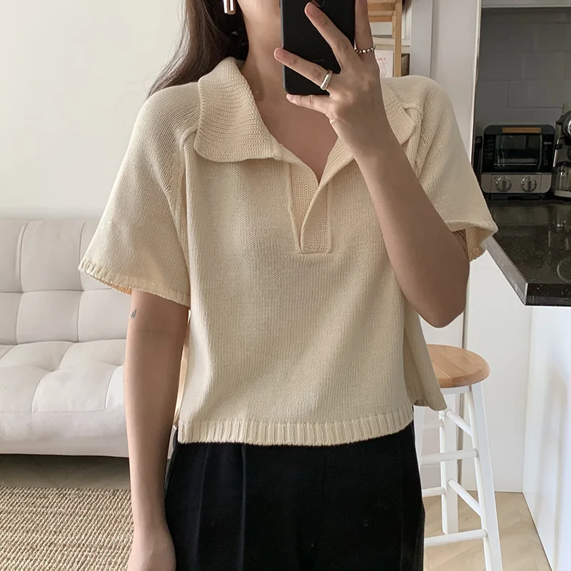 

Knitted T-Shirts Women Turn Down Collar Elegant Loose Shirts Short Sleeve Korean Patchwork Pullover Tops Solid Knitwear