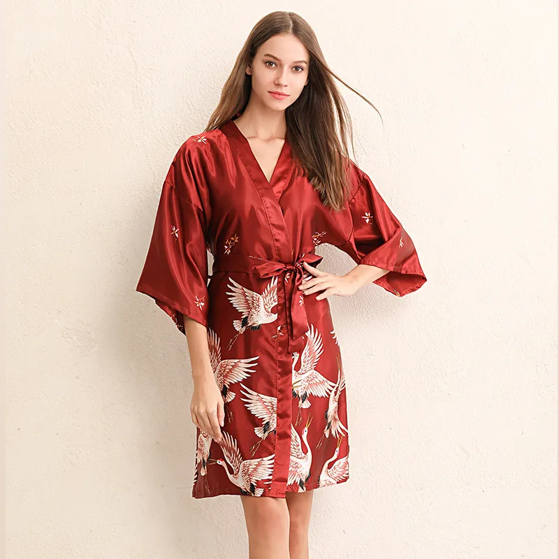 

Red Women's Summer Mini Kimono Robe Lady Rayon Bath Gown Nightgown Sleepwear Sleepshirts Pijama Mujer Size M-XXL