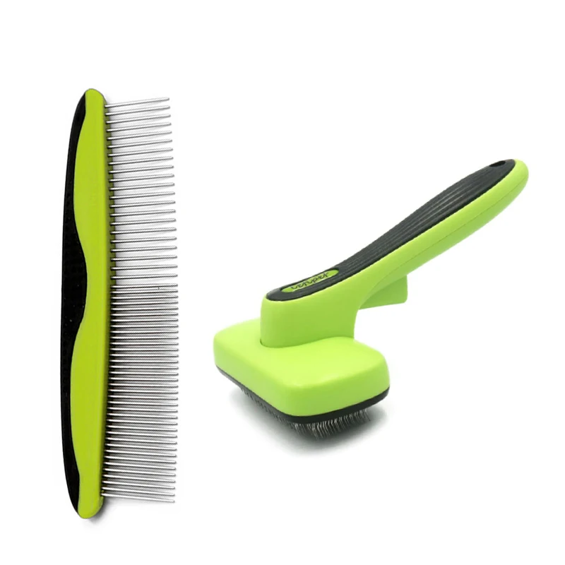 

Self-cleaning slider brush and stainless steel dog comb set, dog brush/cat brush, suitable for depilating and grooming, pet depi