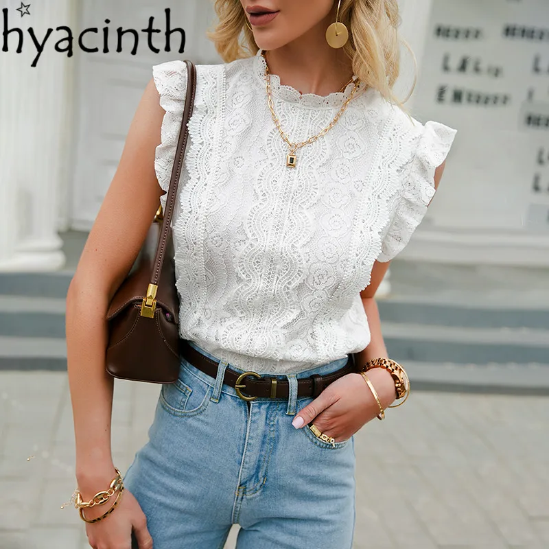 

Hollow Out Crochet 2021 White Summer Lace Tank Vest Crop Tops Sexy Turtleneck Long Sleeve Lace Female Tube Clothes