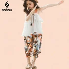 Одежда для девочек-подростков, летние детские модные топы, брюки с цветочным рисунком, комплект из двух предметов, Детский костюм, одежда для девочек