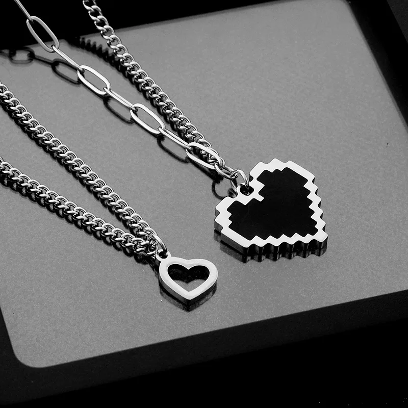 

Mosaic Heart Pendant Charm Asymmetry Stainless Steel Necklace For Women Men Double Necklace Personality Gift Jewelry 2021 Trendy