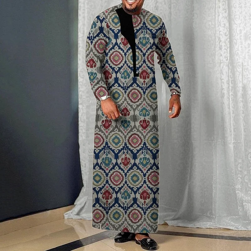Men's African Dress Dashiki Long Shirts For Men Tradition Rich Kaftan Long Sleeve Blue Plus Size Robe Casual Fall Man Clothing