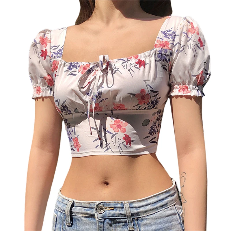 

2021 Women Blouse Puff Short Sleeve Floral Print Lace-Up Summer High Street Fashion Hot Sexy Ladies Clubwear Slim Tops