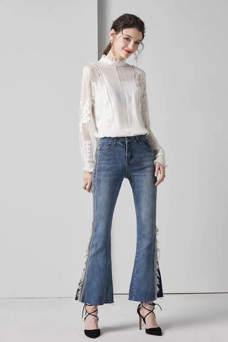 Женские рубашки из натурального шелка со стоячим воротником с длинными рукавами