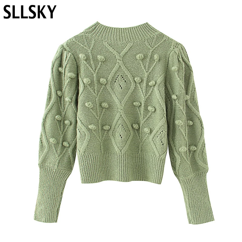 

Женский вязаный свитер SLLSKY, зеленый вязаный джемпер с длинными рукавами, винтажный пуловер, однотонная водолазка с коротким воротом, Осень-...