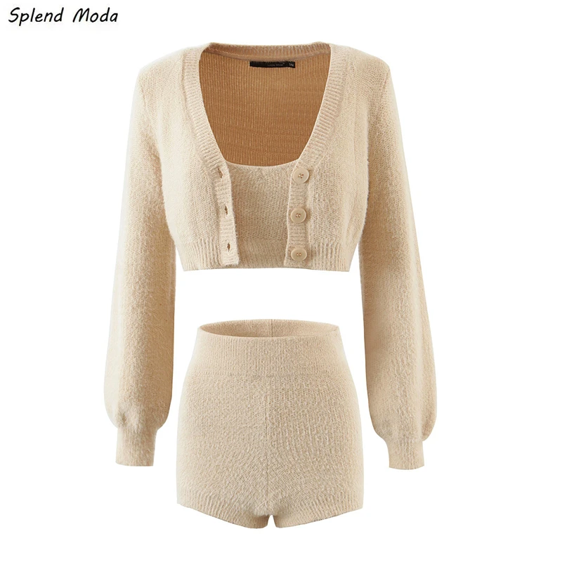 

Женский трикотажный кардиган из трех предметов, винтажный однобортный Кардиган с V-образным вырезом, укороченный топ + подтяжки + шорты с выс...