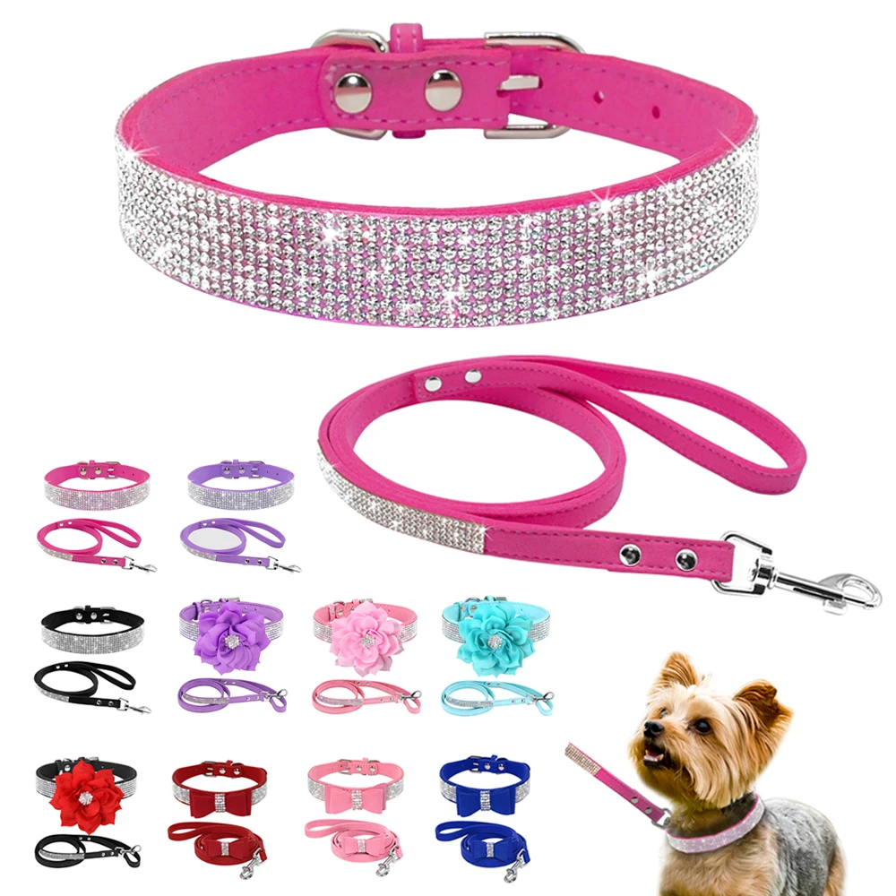 

Стразы, кожаный собачий ошейник, поводок, регулируемые ошейники для кошек и щенков со стандартом для маленьких и средних собак, кошек, чихуа...