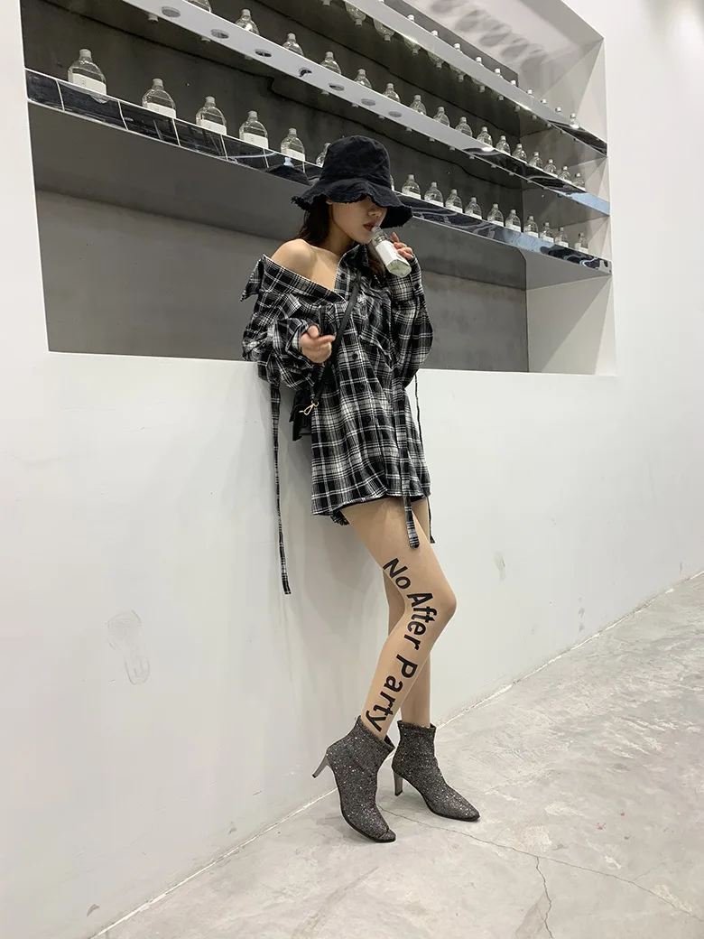 Колготки женские с принтом тату черные шелковые колготки надписью No After Party