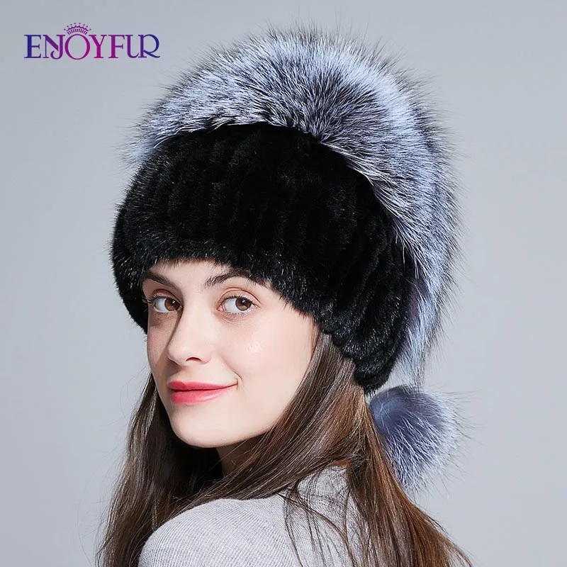 Женская шапка бини ENJOYFUR, русская шапка из натурального меха норки с помпонами из натурального меха чернобурки на зиму - Цвет: 01Y