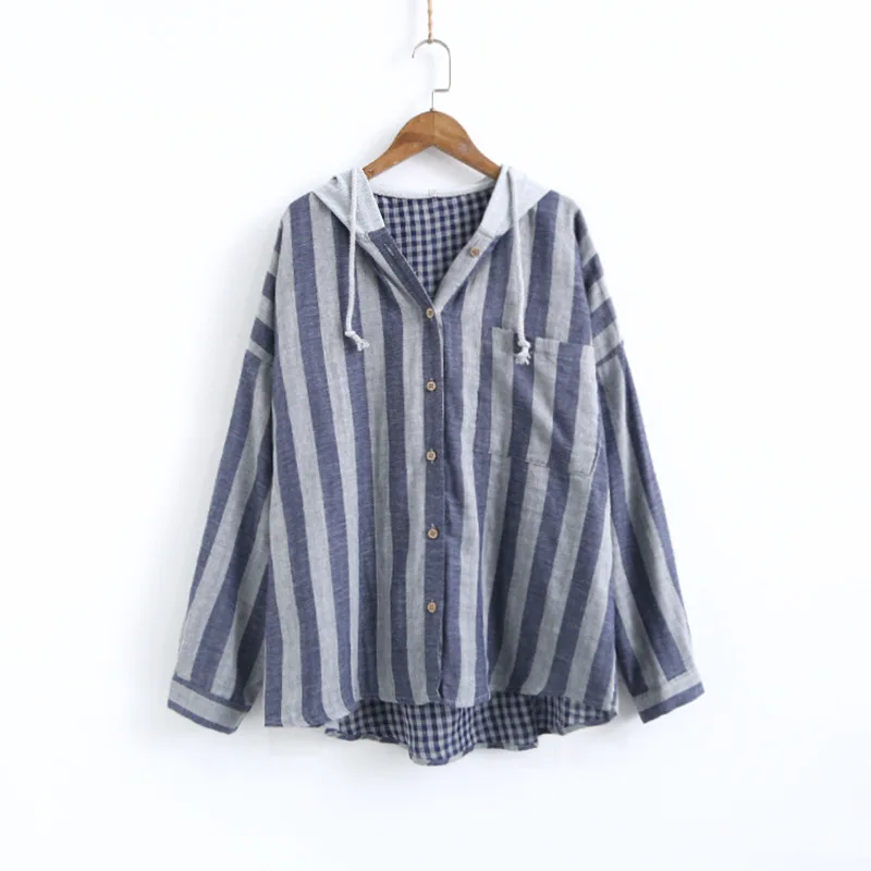 Blue Striped Johnature, женские рубашки в клетку с капюшоном, свободные блузки, осень, Новые Карманы, 6 цветов, женские топы, длинный рукав, пуговицы, винтажные рубашки - Цвет: Blue Striped