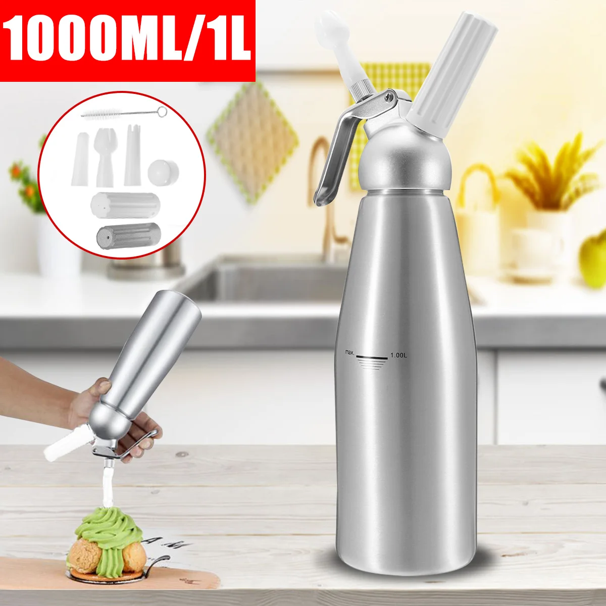 

1L Professional Aluminum Whipped Cream Dispenser Gourmet Whipper Canister Cream Whipper