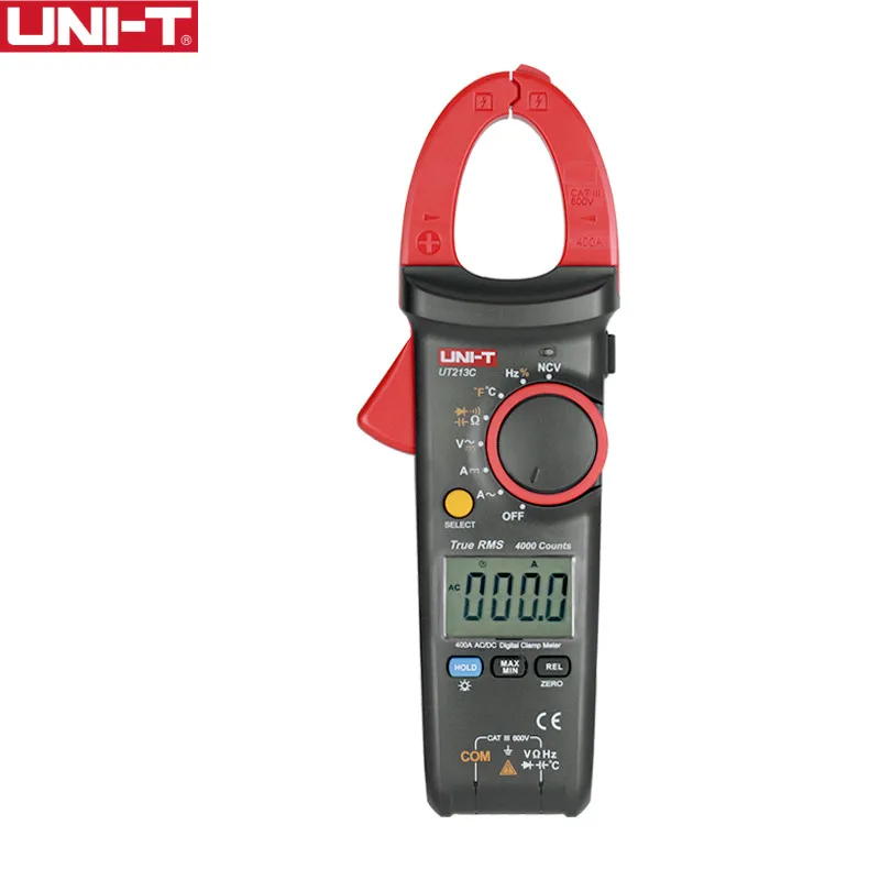Цифровой зажимный мультиметр UNI-T UT213C 400A для измерения напряжения, сопротивления, емкости, температуры, автоматического диапазона, диода trueRMS.