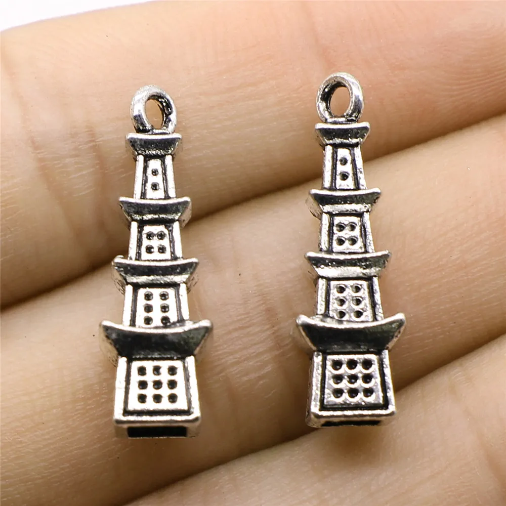 

WYSIWYG 10pcs 8x26mm Pagoda Charms Antique Silver Color For Jewelry Making Zinc Alloy Charms Pendant DIY Jewelry Findings