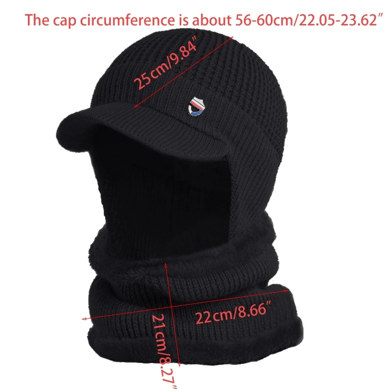 

Men Winter 2Pcs Set Visor Brim Earflap Beanie Hat with Circle Scarf Knitted Thicken Plush Lined Skull Cap Neck Warmer