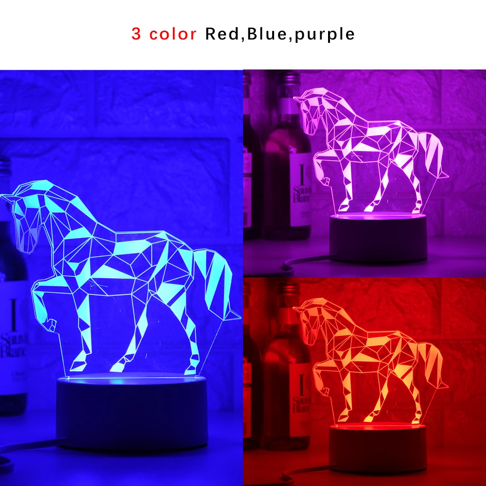 

Horse 3D Lamp Creative 3 Colors Night Light Novelty Illusion Night Lamp Illusion Table Lamp For Home Decorative Light EU/US