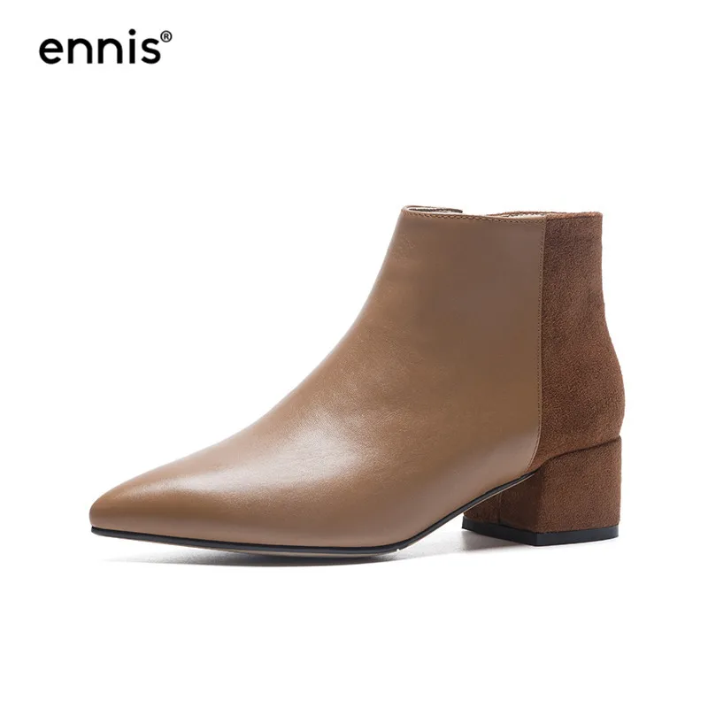 Brown ENNIS/ г. Осенне-зимние женские ботильоны ботинки из натуральной кожи на квадратном каблуке обувь на молнии с острым носком женские замшевые ботинки A9147 - Цвет: Brown