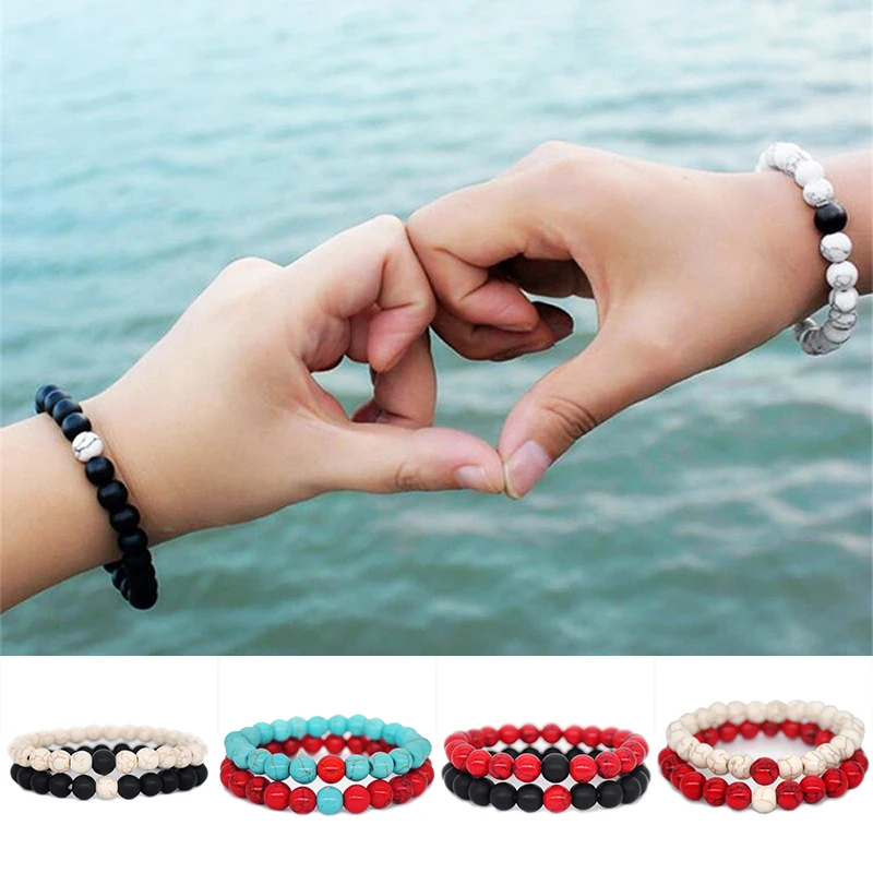 

2pcs/set Bracelets Couple Bohemine Style Matching Bracelet Turquoise Stone Beads Braclet Lovers Jewelry Valentine's Day Gift