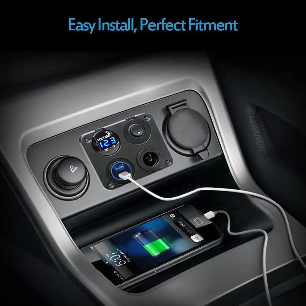 

Dual USB Socket Charger 2.1A&2.1A + LED Voltmeter + 12V Power Outlet + ON-Off Toggle Switch Four Functions Panel for Car Marine