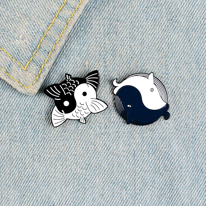 Yin Yang Fish Pins Black White Two Goldfish Whales Round Brooches Badges Animal Jewelry Ocean Lucky Lapel | Украшения и