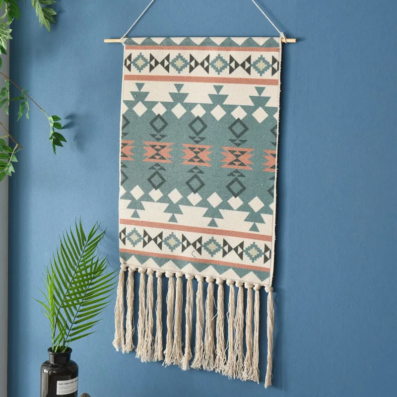 

Bohemian Woven Macrame Tapestry Wall Hanging Geometric Backdrop Cotton Tassel Tapestries Home Living Room Decoration 50*70cm