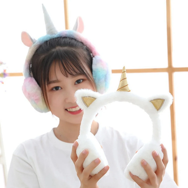Теплые плюшевые наушники для девочек Kawaii с единорогом зимние меховые женщин