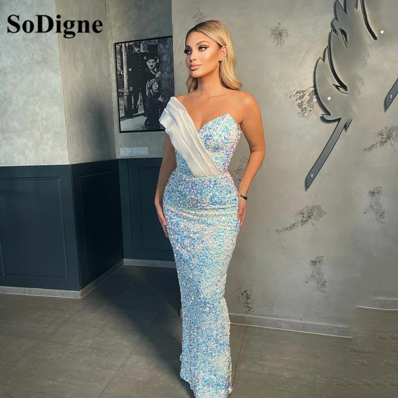 SoDigne Sky Blue Sequin Evening Dresses Shiny One Shoulder Floor Length Mermaid Formal Party Dress Prom Gowns Vestidos (0)