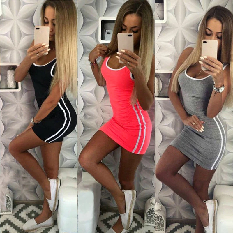 Женское Спортивное платье без рукавов повседневное облегающее футляр с круглым