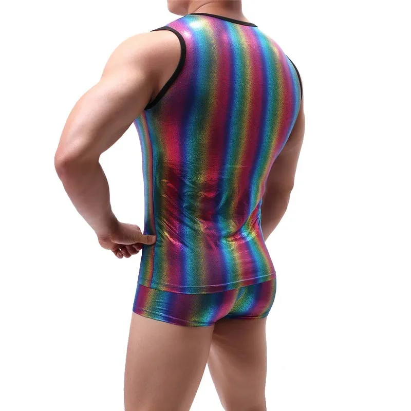В радужную полоску мужские майки из искусственной кожи латексные футболки без