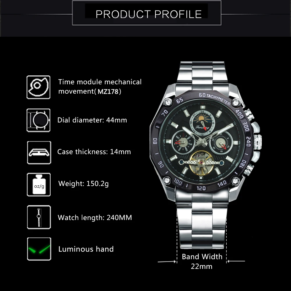 FORSINING механические часы Роскошные automatic Tourbillon Нержавеющая сталь ремешок Скелет для мужчин Солнце Луна фазы