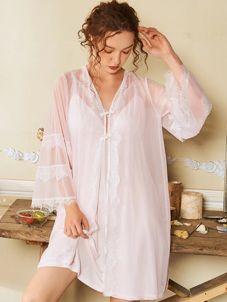 

Robe Set 2 Pieces Spaghetti Strap Deep V Neck White Cotton nightgowns Sleepwear Lace Bathrobe Set Luxury Nightgown Long Negligee