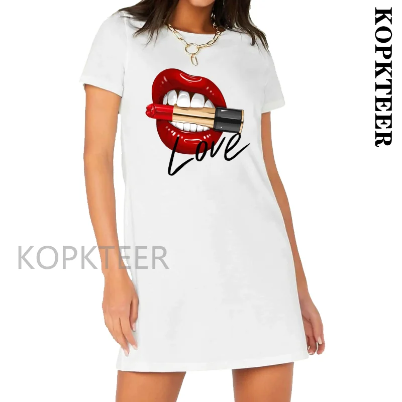 

Red Mouth Lip Love T Shirt Dress Short Sleeves Letter Printed Midi Dress Long T Shirt Dress Plus Size Dress Ladies Loose Summer
