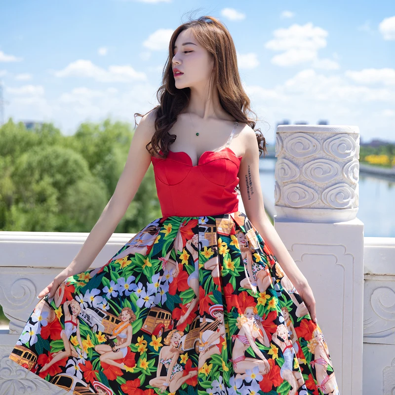 Женское винтажное платье с цветочным принтом без бретелек в стиле рокабилли |