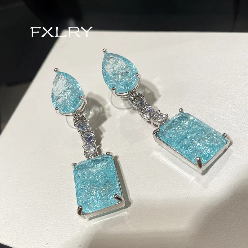 

FXLRY модные треснувшие кристаллические синие серьги с длинной кисточкой, большие циркониевые серьги для женщин вечерние или подарок