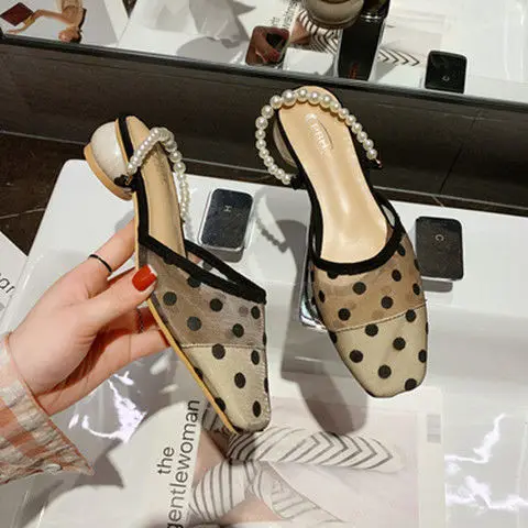

Baotou ban tuo xie Female Outer Wear 2020 nian New Korean Fashion Mesh Pearl Chunky-Heel SandalsMuller s
