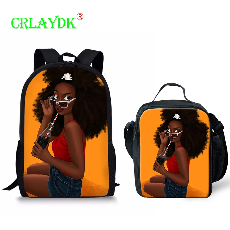 

CRLAYDK African Girls Printed Backpack Set with Insulated Lunch Box Kids School Students Bookbag Lightweight Children Satchel