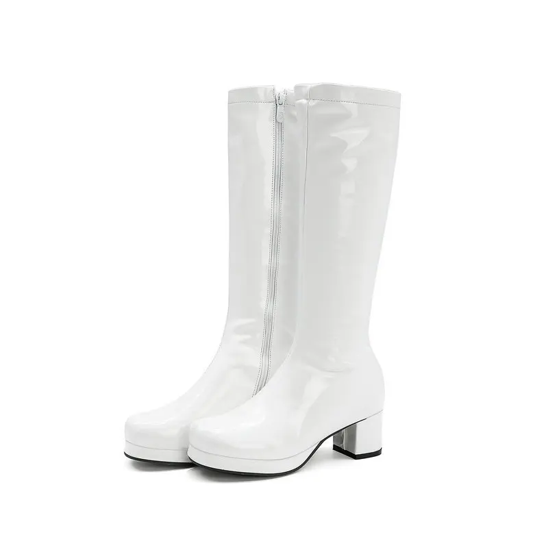 

Autumn and winter new thick heel middle heel women's boots patent leather high tube boots square head boots white side zipper