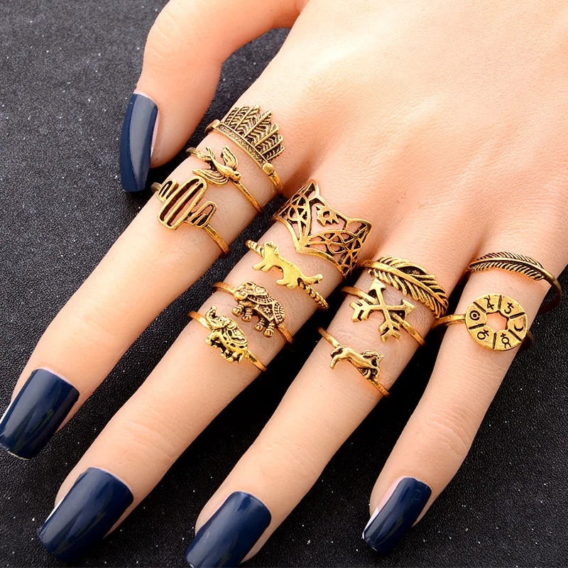 Новинка набор колец Стразы в стиле ретро Лотос Любовь Луна комбинация женских