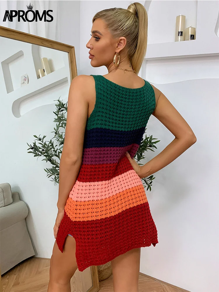 

Aproms Elegant Colorful Striped Knitted Loose Mini Dress Women 2021 Summer Casual Side Split Holiday Lounge Sundress Vestidos