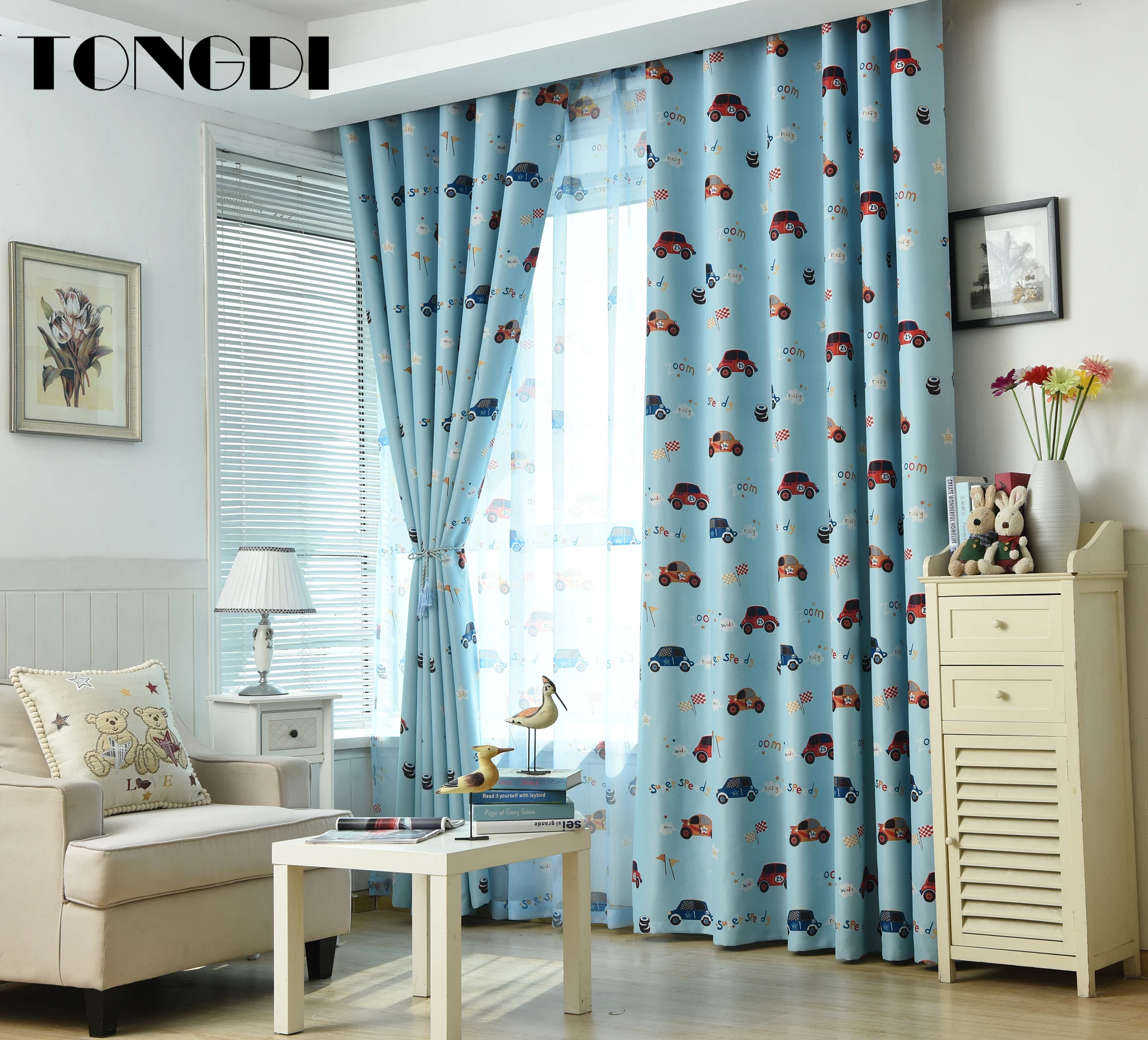 TONGDI Детские затемняющие занавески с мультяшным принтом автомобиля