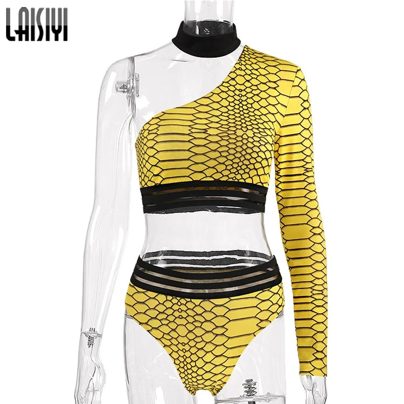 Yellow LAISIYI Мода Змея 2 комплект из двух предметов для женщин осень зима одно плечо укороченный топ Высокая талия юбка Сексуальная Клубная одежда костюмы с принтом - Цвет: Yellow