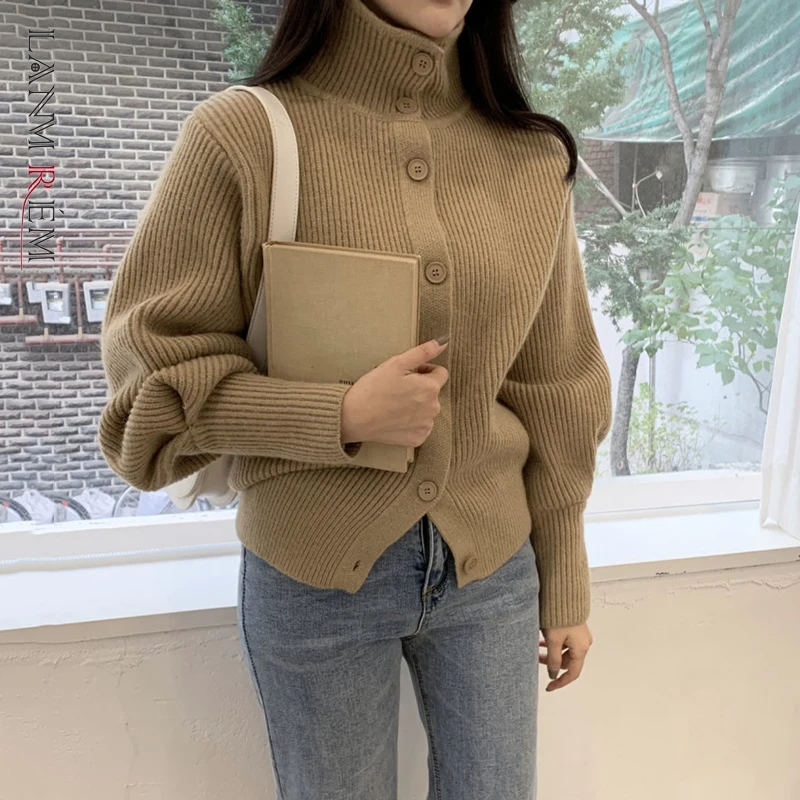 

LANMREM 2021 осенне-зимний новый вязаный Топ с высоким воротом и рукавами «летучая мышь» женский однотонный свободный свитер кардиган Женская мо...