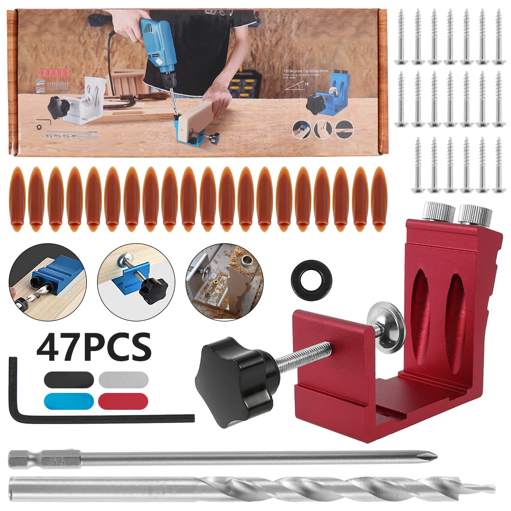47pcs Woodworking Pocket Hole Jig Oblique Locator Screw Dowel Drill Joinery Positioner Puncher Angle Drilling Guide Tools |
